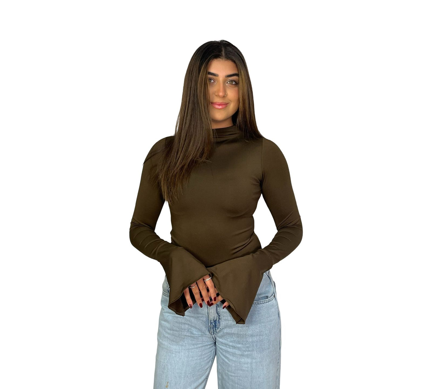 Brown -High-Neck Flare Top