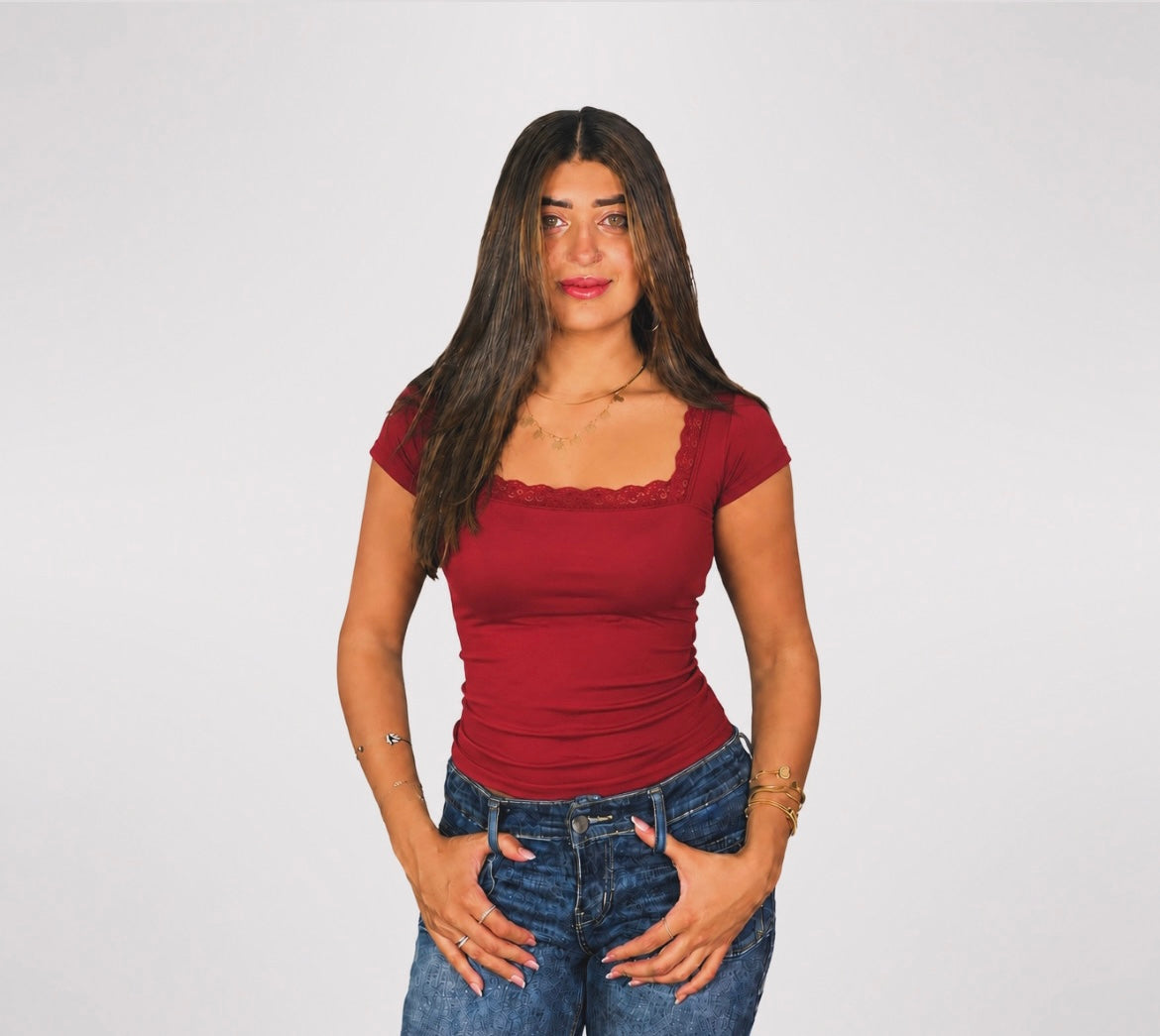 Burgundy Dentelle Square Neck Top
