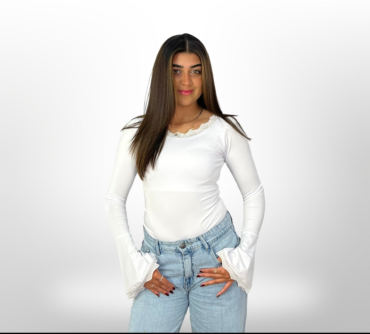 White -lace-trim bell-sleeve top