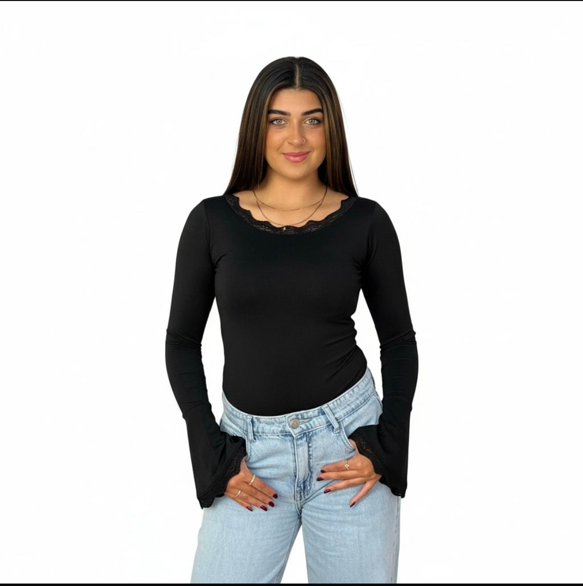 lace-Black -trim bell-sleeve top